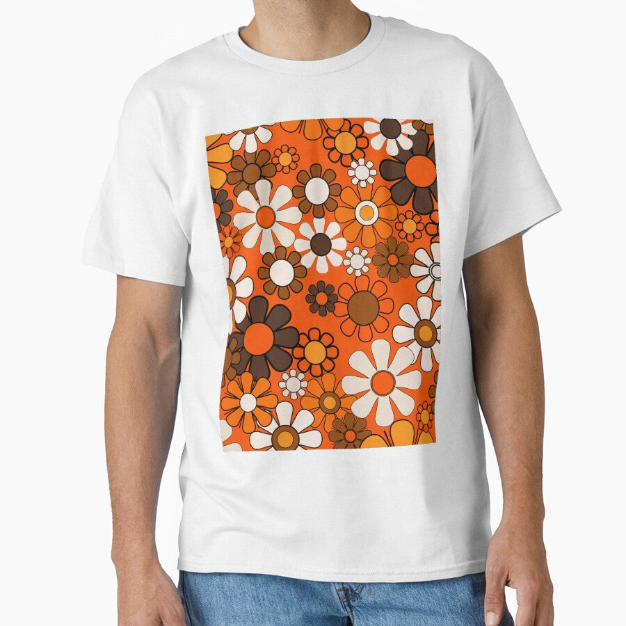 Retro 70s Floral Pattern Groovy Garden Flowers in Orange and Brown by kierkegaard