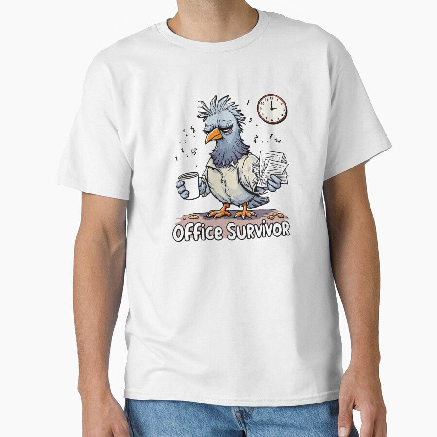 Office Survivor Pigeon Funny T-Shirt – Adult Humor Cartoon Bird Design by MagicMicki