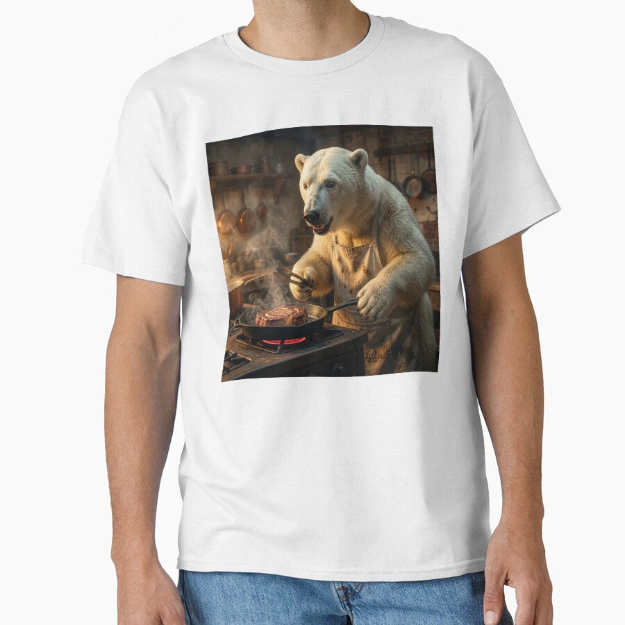 Excited Polar Bear Pan Sears a Steak by Tridentulus