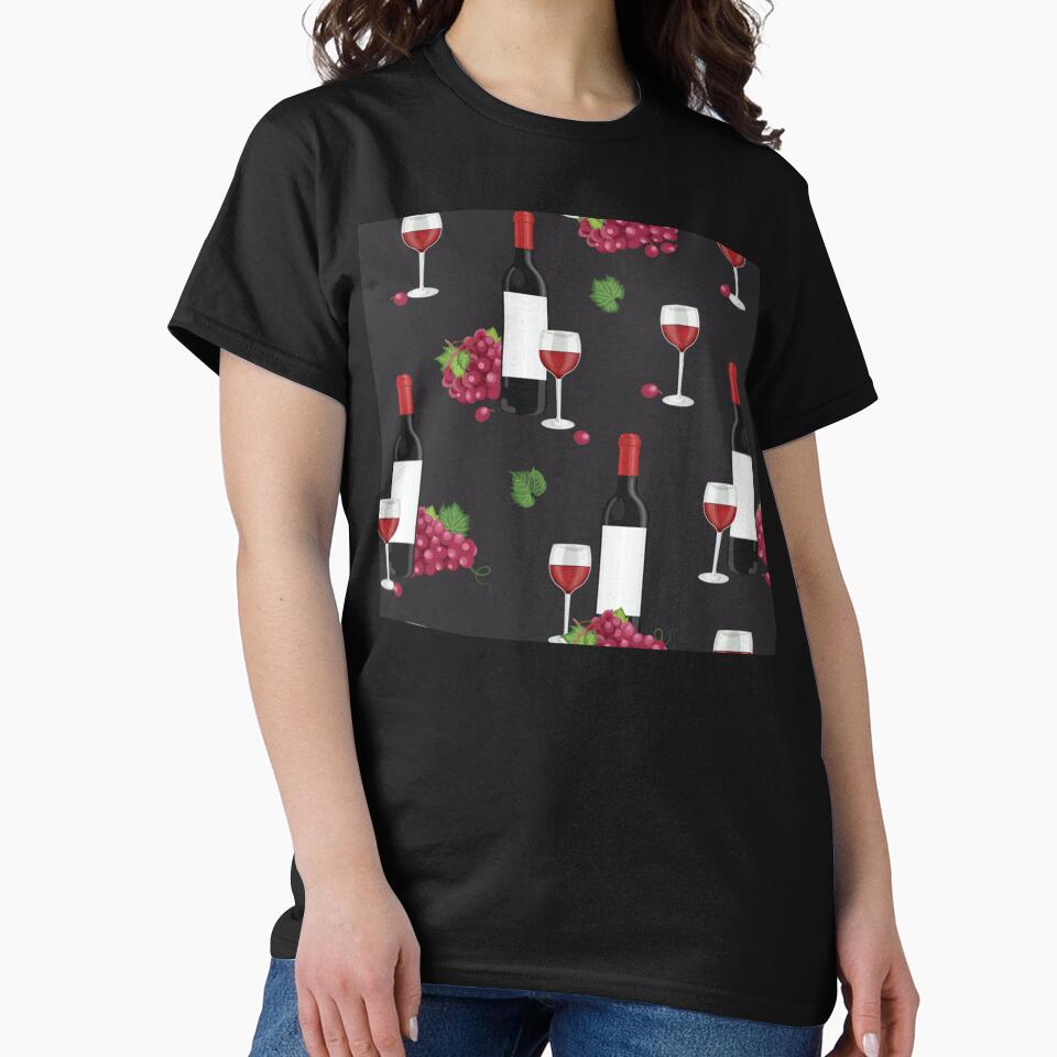 Grape bunch seamless pattern with red wine glasses and bottles on black by Huynhdesign