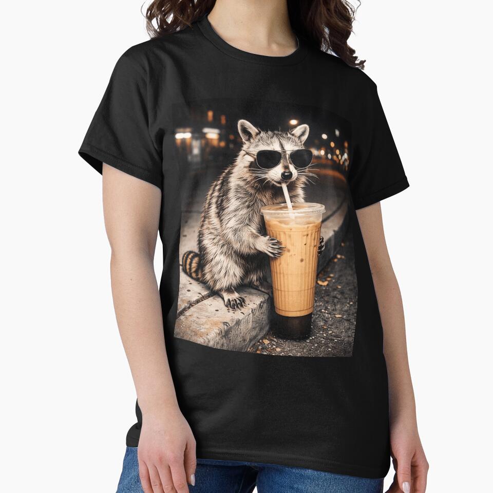Raccoon Drinking Iced Coffee Funny Animal Meme Men Women by first-shirt ⭐ ⭐ ⭐ ⭐ ⭐