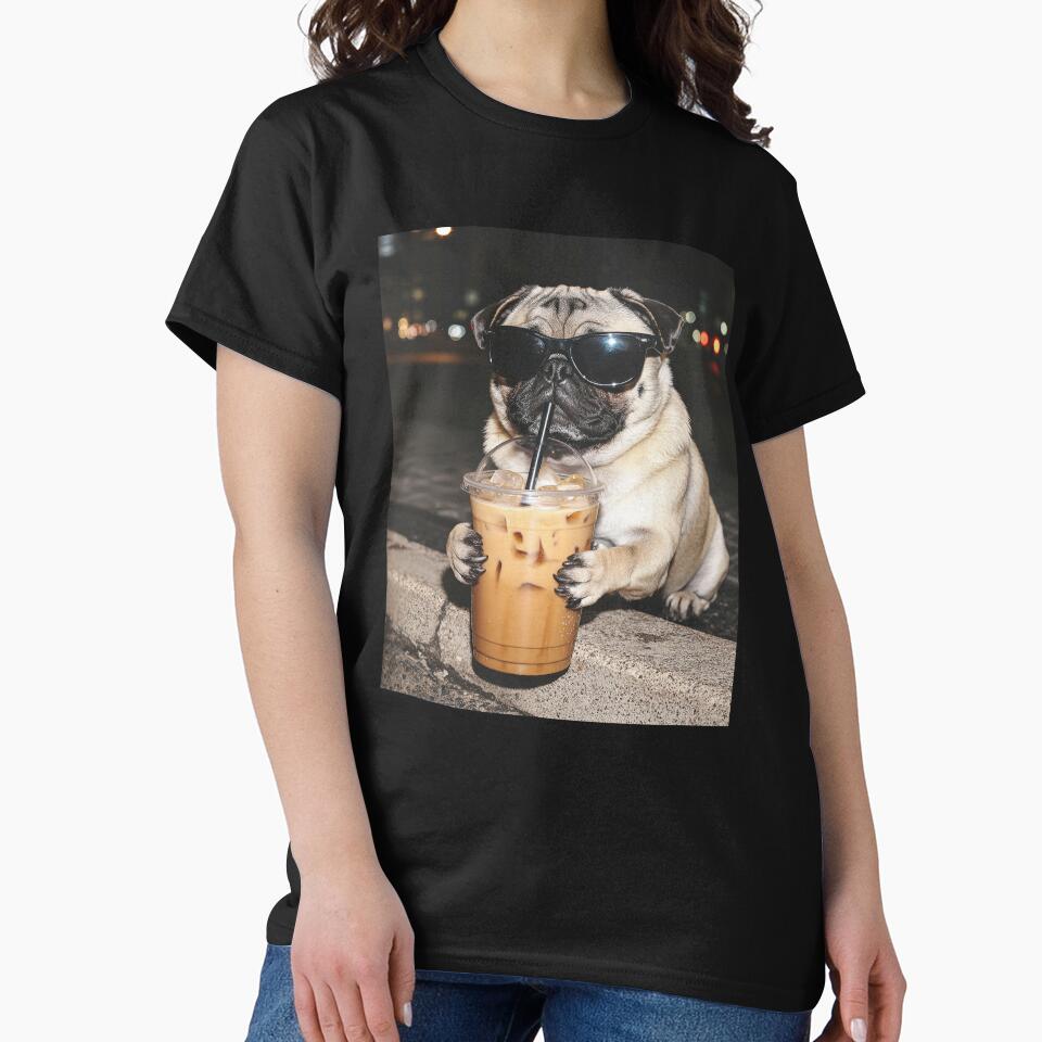 Funny Pug Dog Drinking Iced Coffee by Hedoraxe