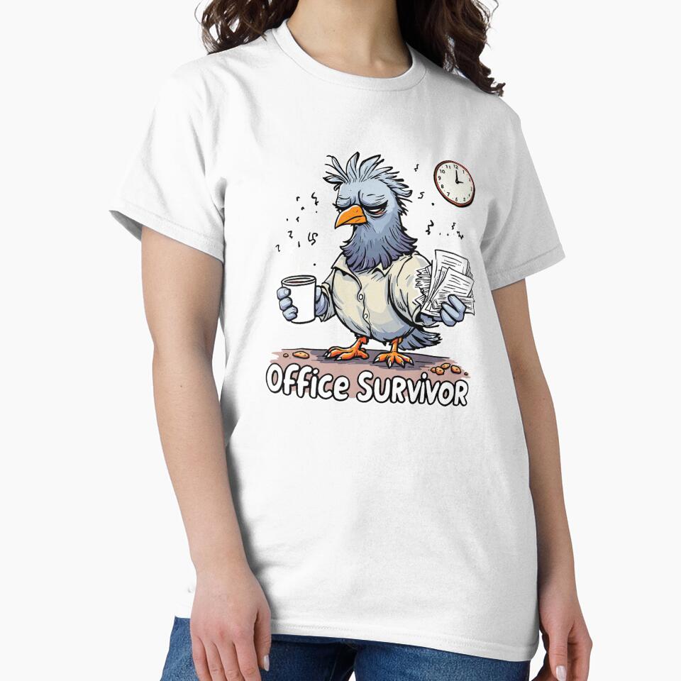 Office Survivor Pigeon Funny T-Shirt – Adult Humor Cartoon Bird Design by MagicMicki