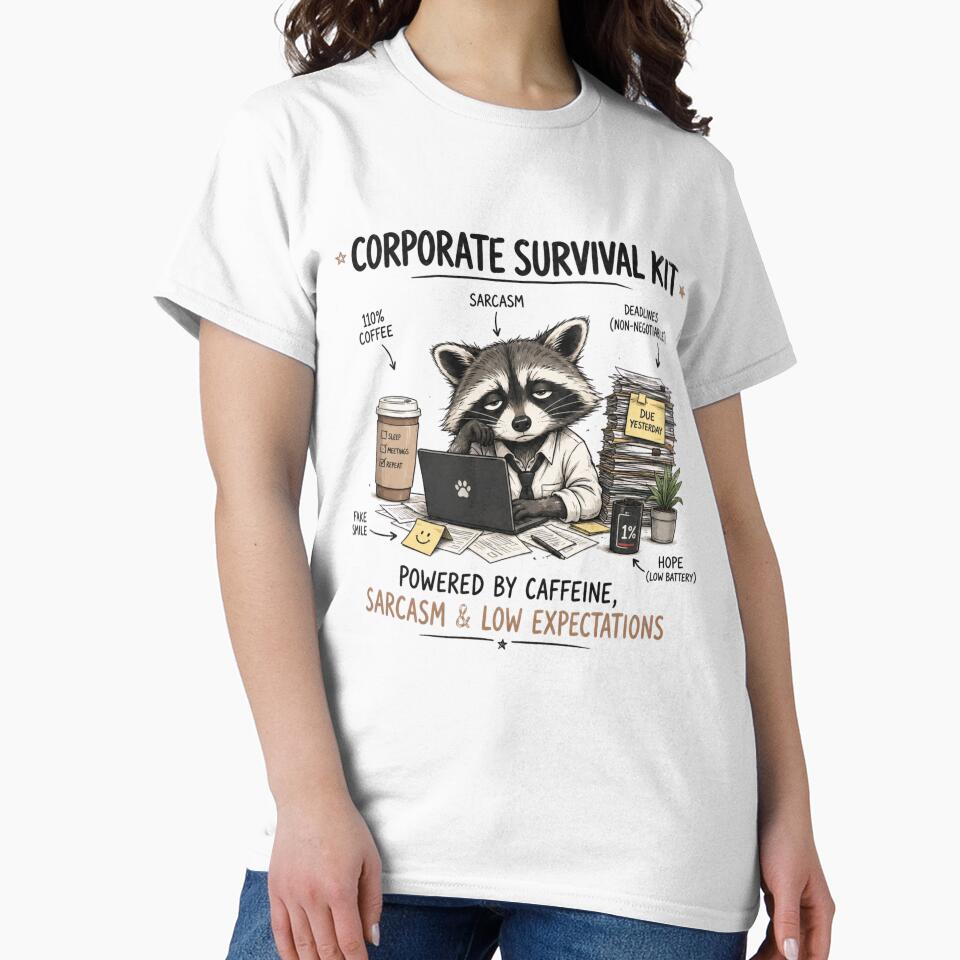Powered by Caffeine, Sarcasm & Low Expectations – Corporate Survival Kit Raccoon by Echo_Lane