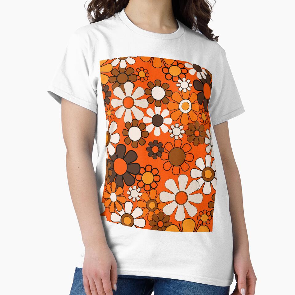 Retro 70s Floral Pattern Groovy Garden Flowers in Orange and Brown by kierkegaard