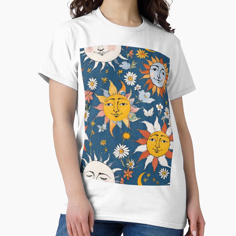 Sun and Moon Floral on Blue by CarrollGene