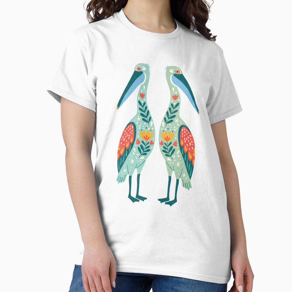 Two Floral Folk Art Pelicans – Scandinavian Folk Art by heidiannemorris © by FOLK ART FUSION by heidiannemorris