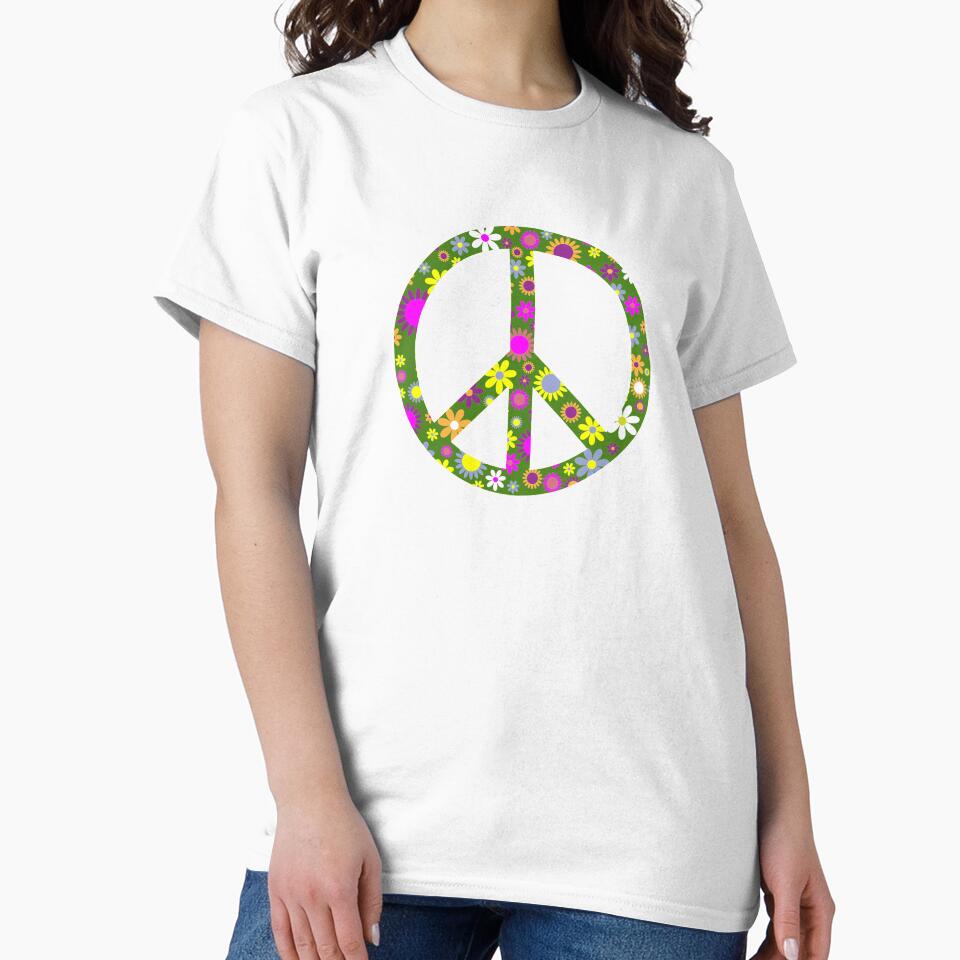 Peace Sign Retro Hippie Trendy Colorful Flowers by Teez-Me
