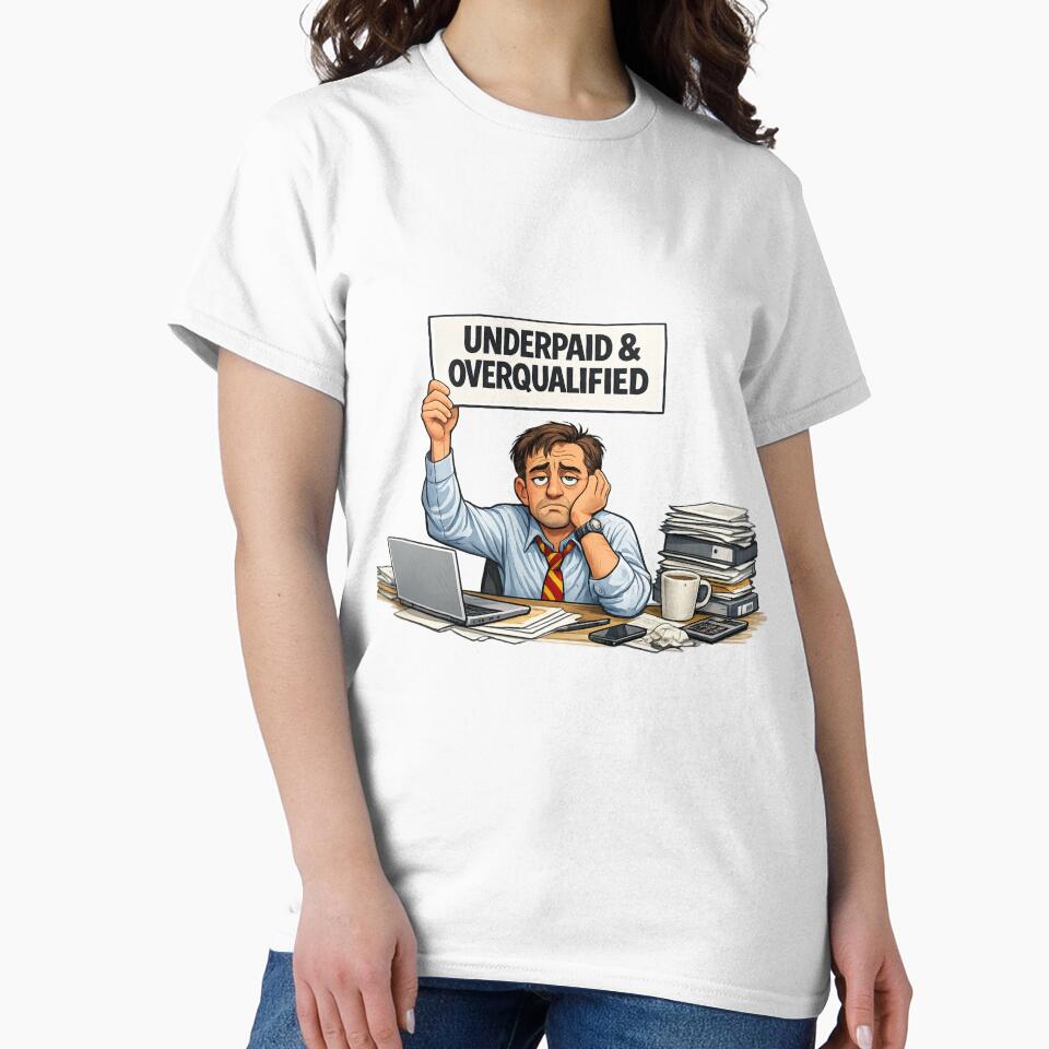 Underpaid & Overqualified Shirt – Funny Corporate Office Humor Tee by GaliciaCity