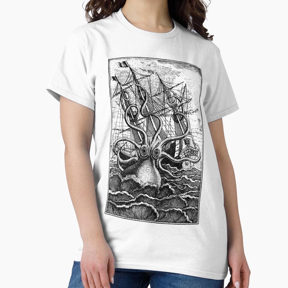 Vintage Kraken attacking ship illustration by monsterplanet