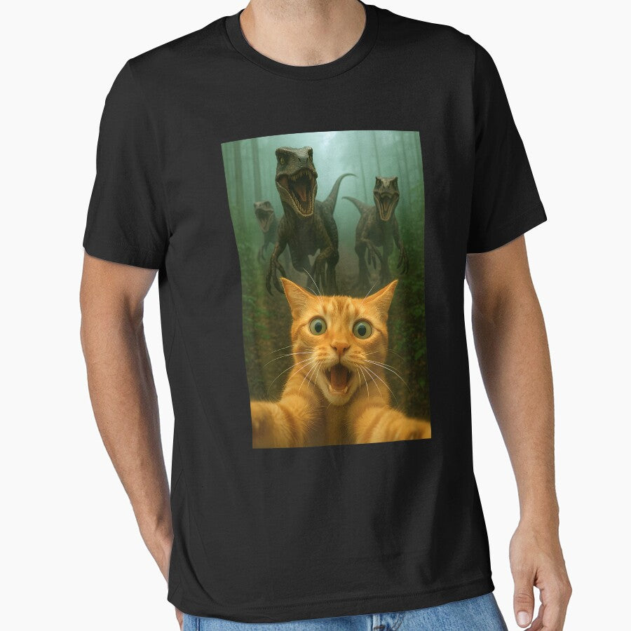 Cat Selfie Running From Raptors Dinosaurs Funny Kitty by TyrelKoch