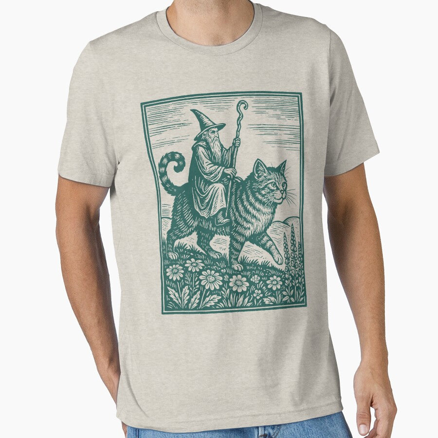 Vintage Wizard Cat Rider Shirt, Retro Fantasy Shirt, Medieval Sorcerer, Funny Cat Meme Top, Dark Art Fairycore by CARBONARA LLC.