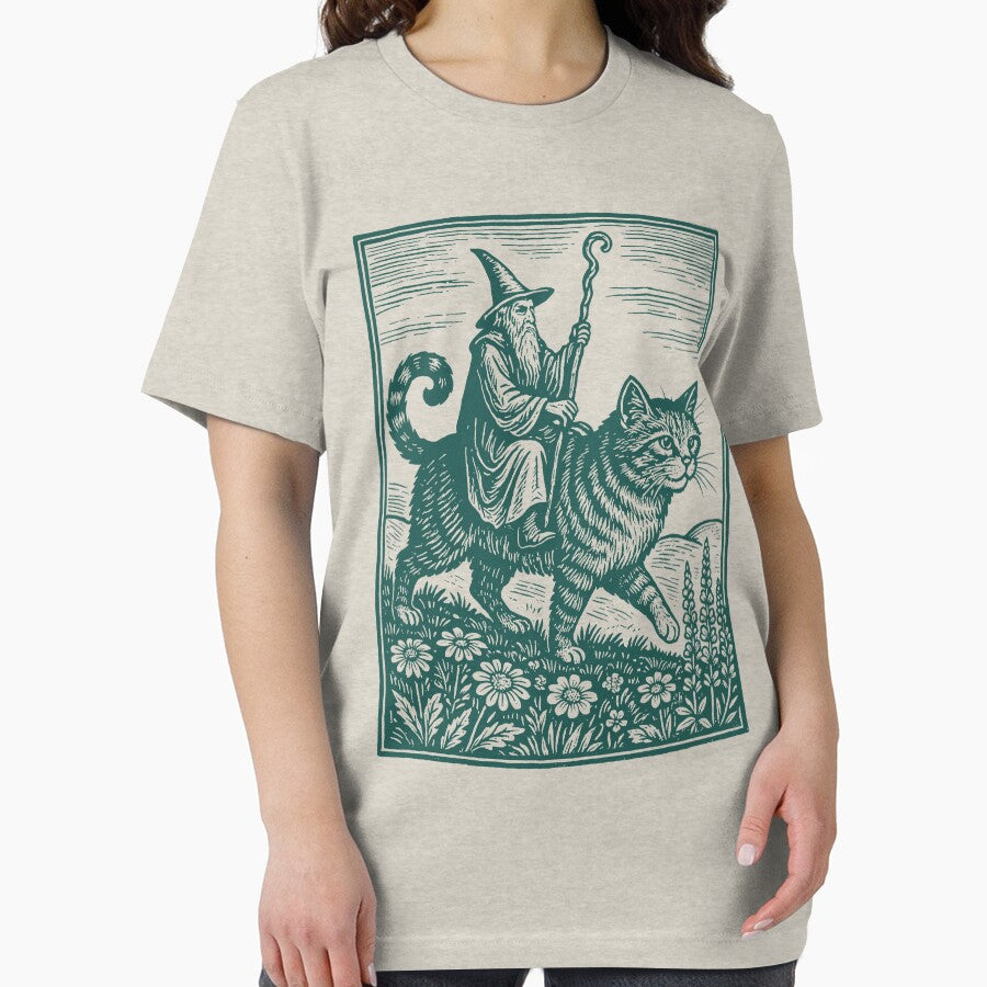 Vintage Wizard Cat Rider Shirt, Retro Fantasy Shirt, Medieval Sorcerer, Funny Cat Meme Top, Dark Art Fairycore by CARBONARA LLC.