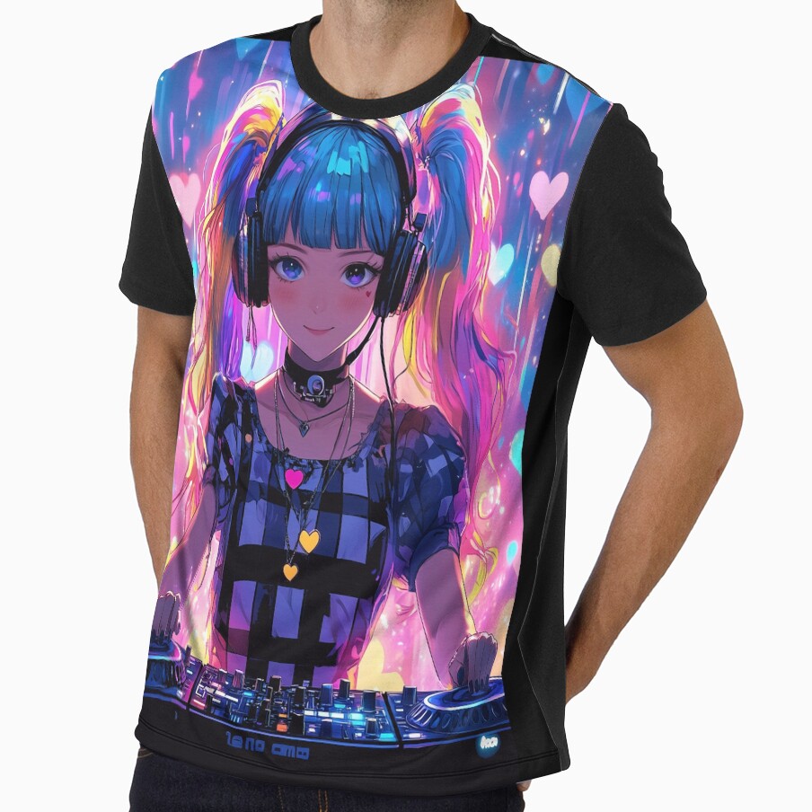 Neon anime colorful DJ girl with hearts by TheArtistOf2022