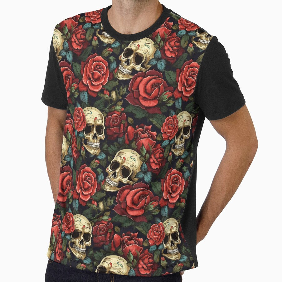 Groovy Smiling Skull Boho Red Rose pattern by ElLocoMus