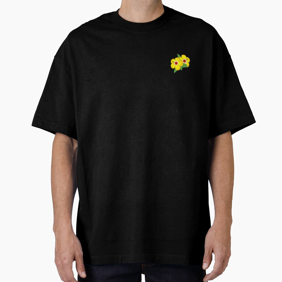 Yellow Hibiscus Flower Pocket Patch T-Shirt for Men and Women by AllStarMerch