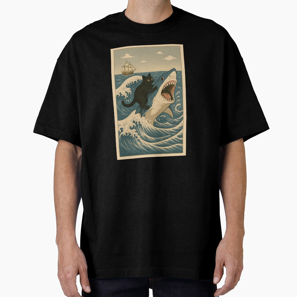Funny Cat Riding Shark Meme Art Japanese Wave For Cat Lovers by cawtoon