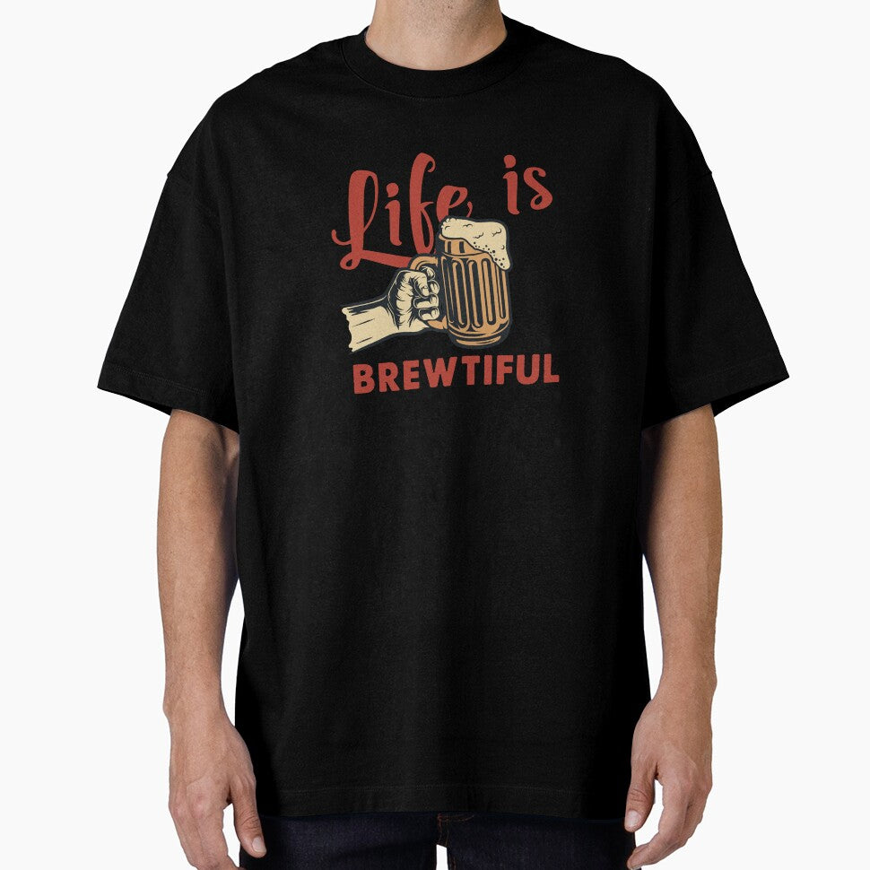 Life is Brewtiful – Funny Beer Quote with Hand Holding a Beer Illustration by Merch Alchemy