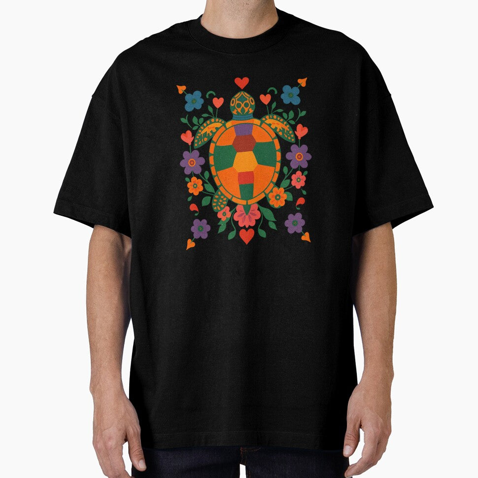 Folk Art Turtle with Flowers – Colorful Boho Nature Design by M22--