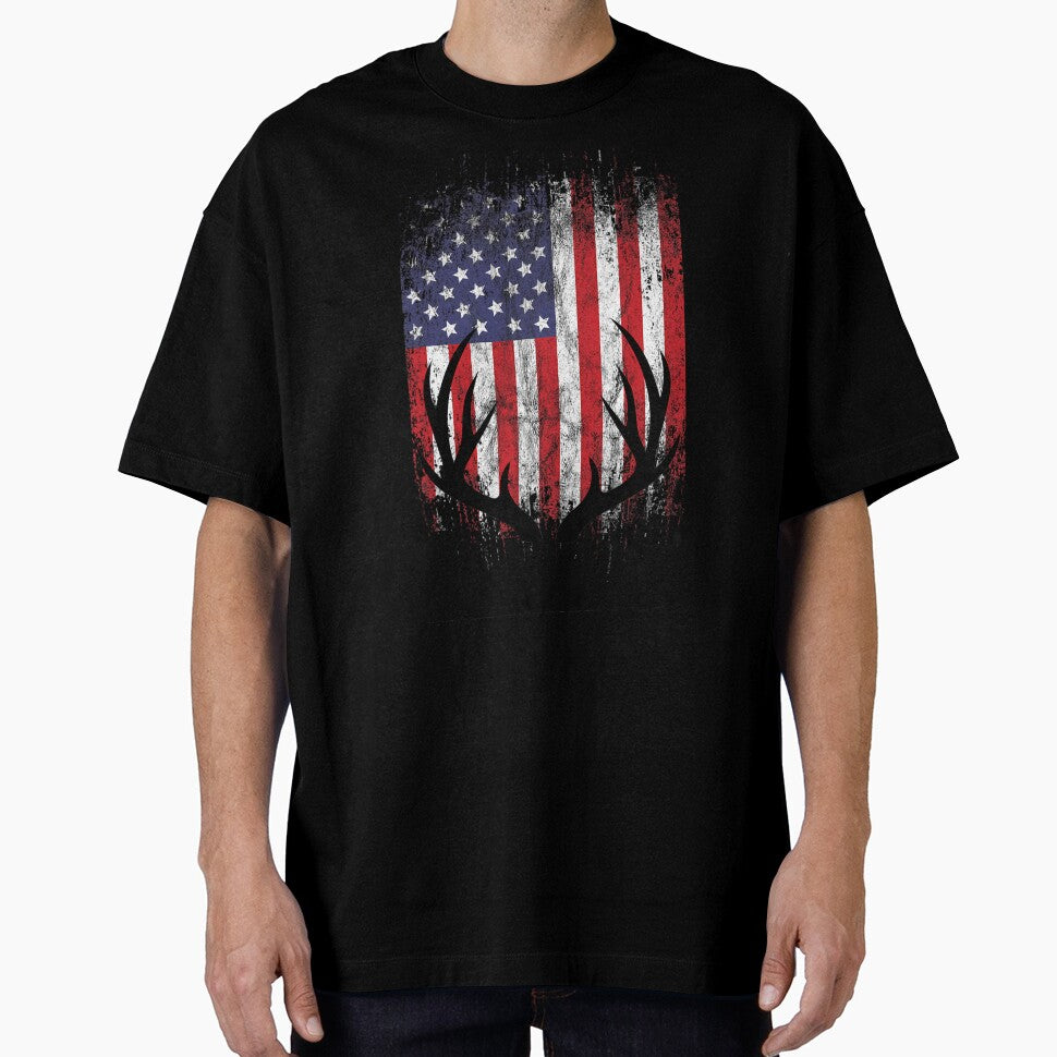 Deer Hunting American Flag Whitetail Buck Antlers Short Sleeve by vqyngdlc91