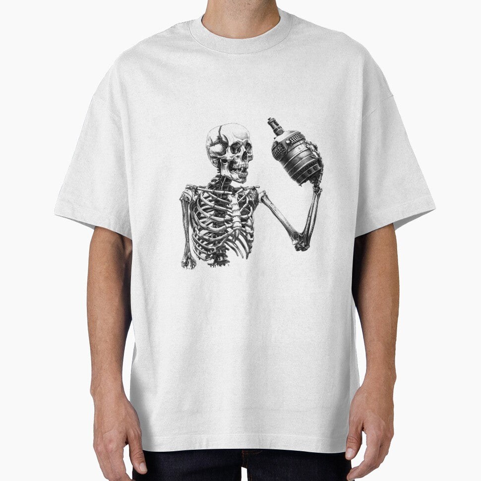 Skeleton Toasting Grenade – Dark Humor Black and White Illustration by inkoutninja