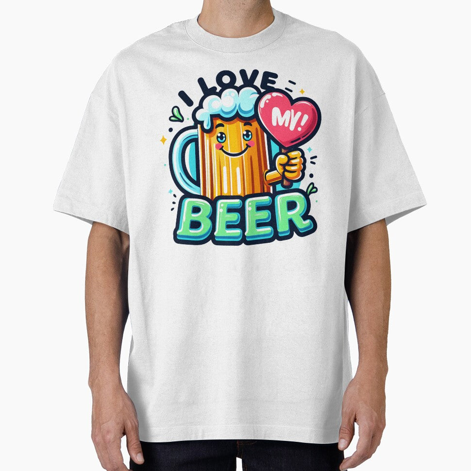 Happy Beer Mug Character Holding "I Love My Beer" Sign. by The-T-In-Retro