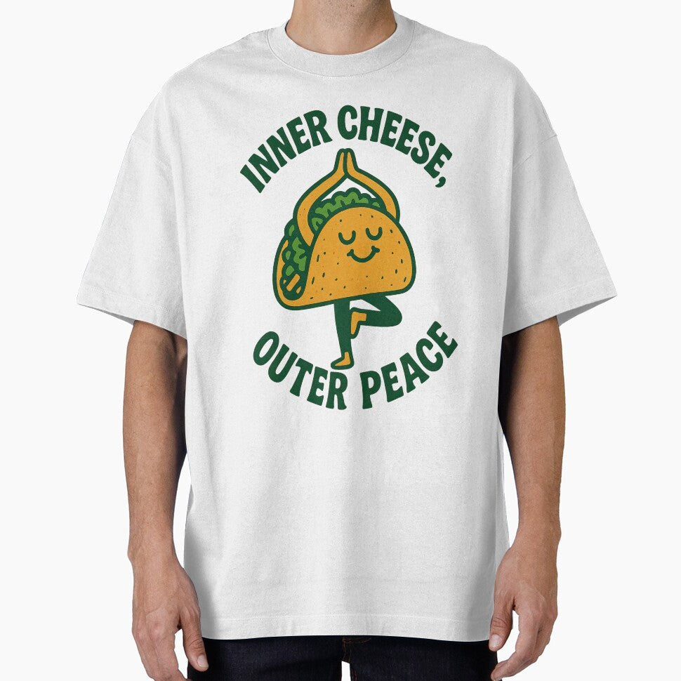 Zen Taco Cartoon Illustration – Inner Cheese Outer Peace – Funny Food Pun with Yoga Pose Design by C-Kav
