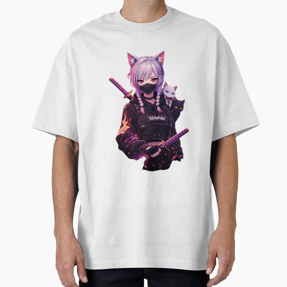 Cyberpunk Anime Cat Girl Streetwear Aesthetic T-Shirt Design by AKVisionDesigns