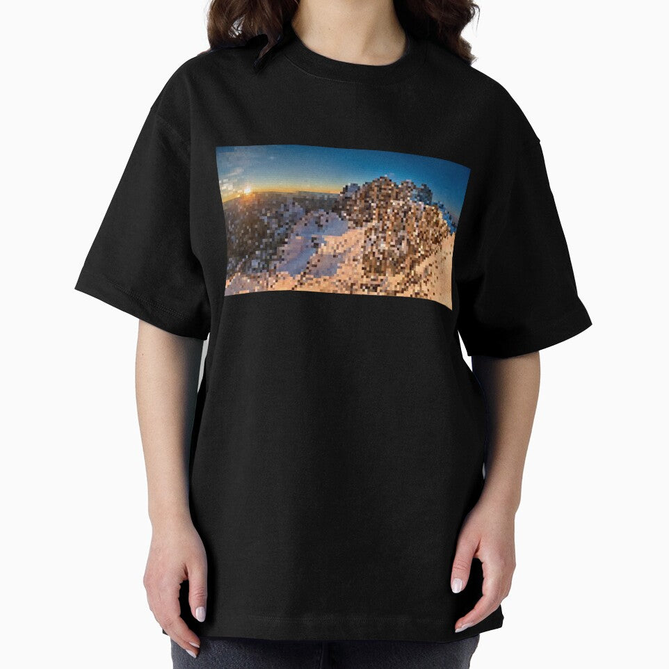 Pixelated Snowy Mountain Sunrise Scene by Potato Quality Prints