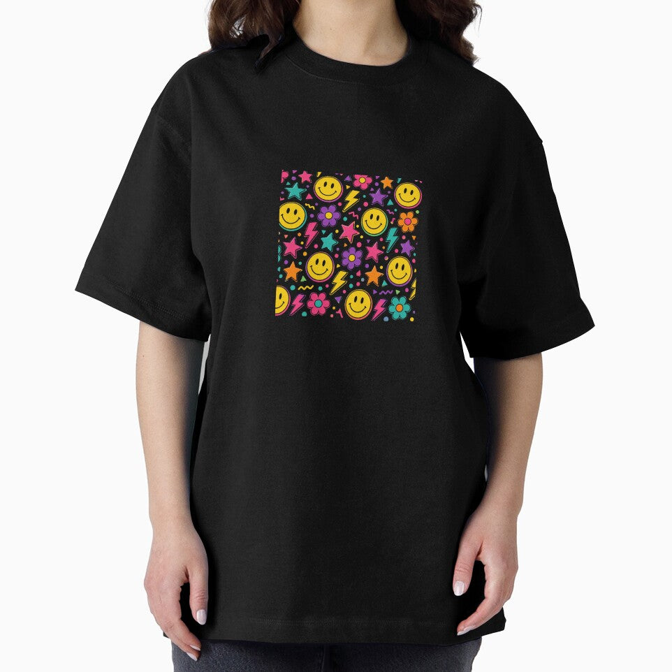 Retro Smiley face pattern | Colourful 90s Tee by TheGiggleGrid