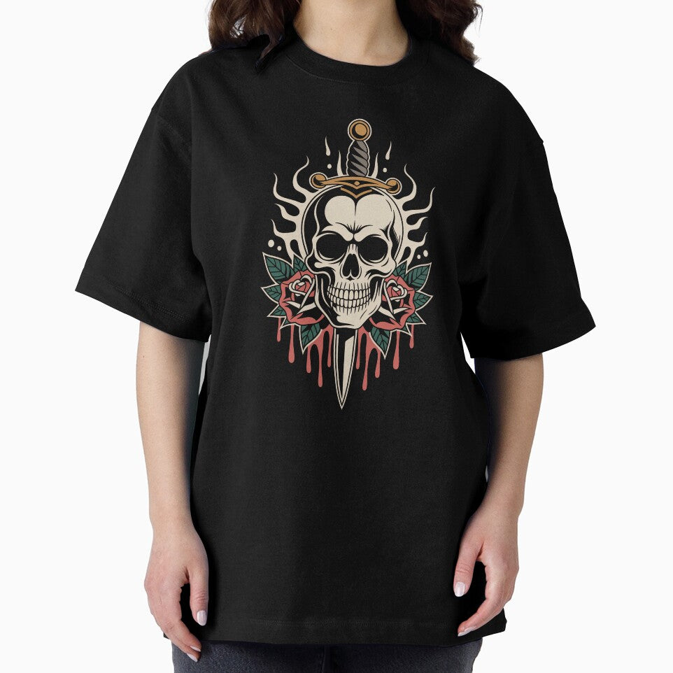 Skull Dagger Flames and Roses Gothic Skull Art Gift by Say It With Ink