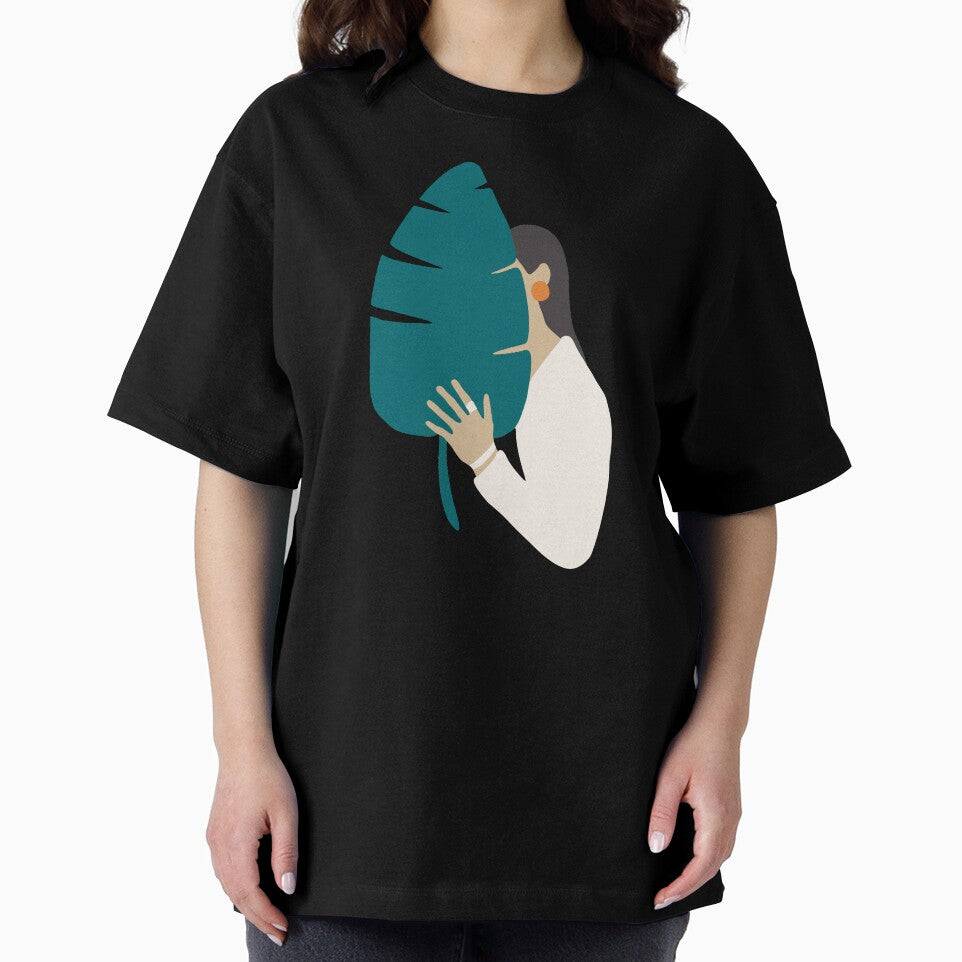 Brunette girl in white with tropical banana leaf by Nossikko
