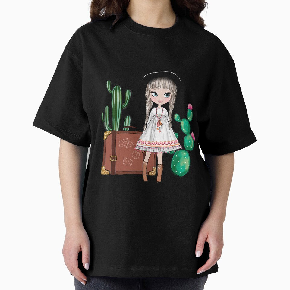 Boho style cute girl with cactus girly illustration 2 by Lalanacliparts