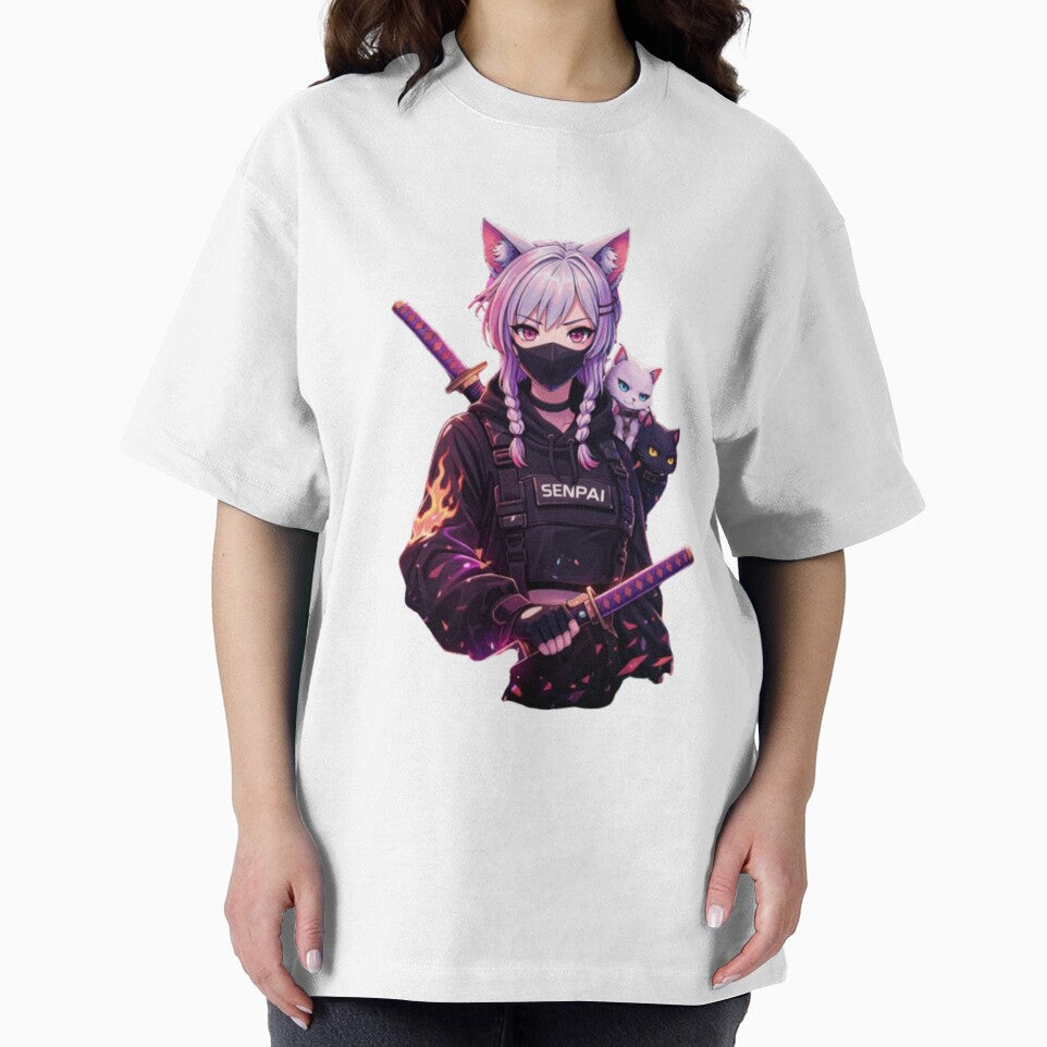 Cyberpunk Anime Cat Girl Streetwear Aesthetic T-Shirt Design by AKVisionDesigns