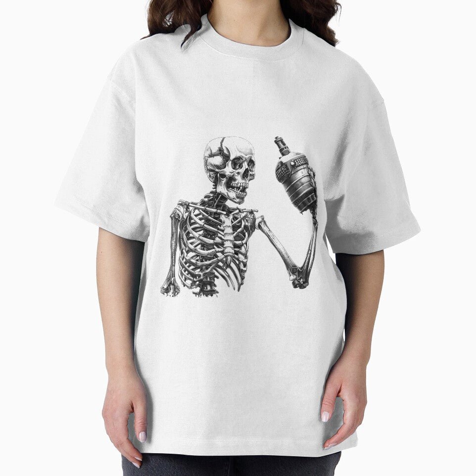 Skeleton Toasting Grenade – Dark Humor Black and White Illustration by inkoutninja