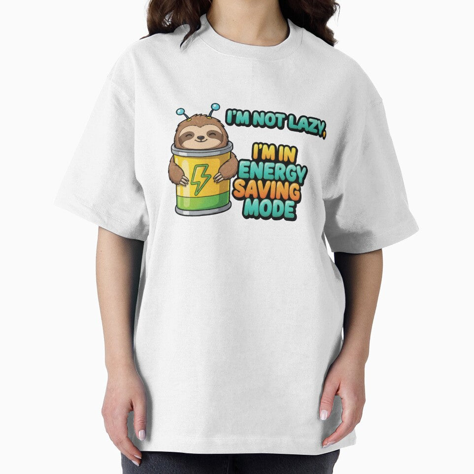 Happy cartoon sloth in battery has funny quote about not being lazy, but in energy saving mode by Jdee23