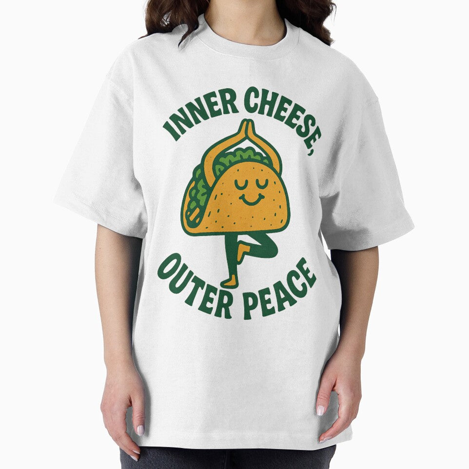 Zen Taco Cartoon Illustration – Inner Cheese Outer Peace – Funny Food Pun with Yoga Pose Design by C-Kav