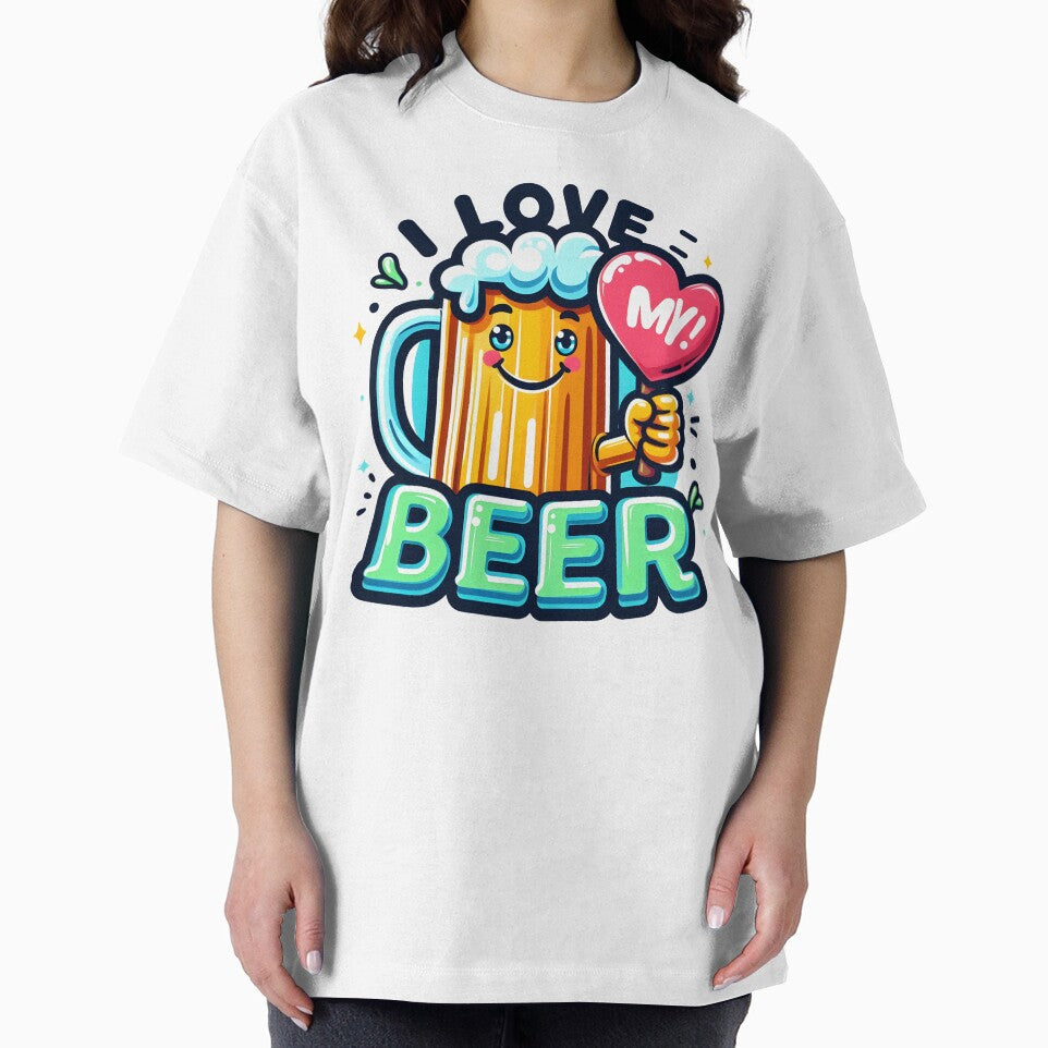 Happy Beer Mug Character Holding "I Love My Beer" Sign. by The-T-In-Retro