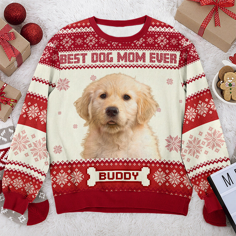 Custom Photo Full Time Dog Mama - Dog & Cat Personalized Custom Ugly Sweatshirt - Unisex Wool Jumper - Christmas Gift For Dog Moms, Dog Lovers