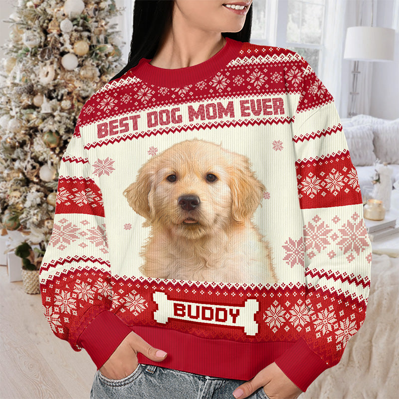Custom Photo Full Time Dog Mama - Dog & Cat Personalized Custom Ugly Sweatshirt - Unisex Wool Jumper - Christmas Gift For Dog Moms, Dog Lovers