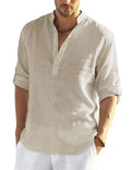 COOFANDY Men's Cotton Linen Henley Long Sleeve T-Shirts Light Khaki, XL
