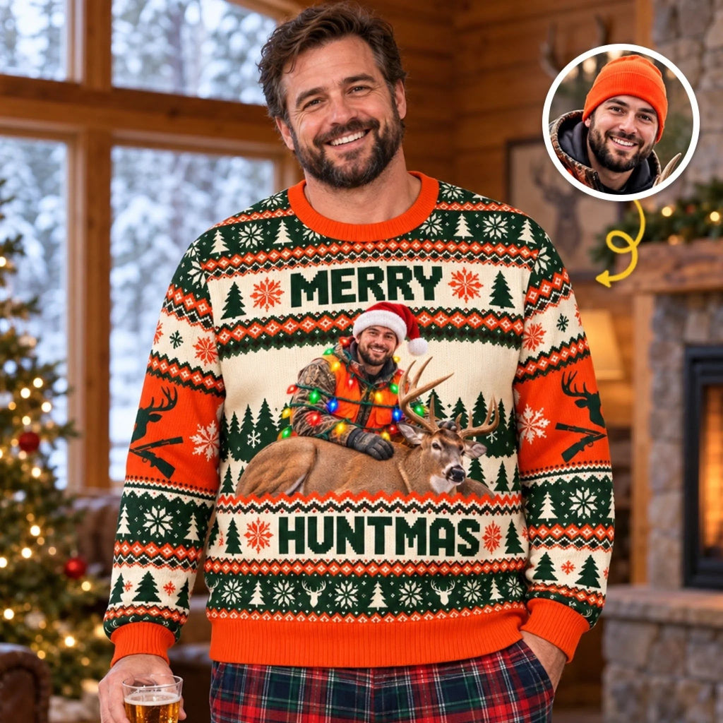 Custom Photo Christmas Hunting Gifts for Men - Personalized Ugly Sweatshirt