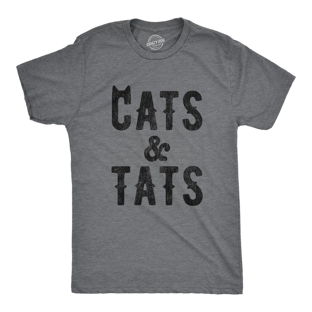 Mens Cats and Tats T shirt Funny Tatoo Graphic Cat Dad Saying Hilarious