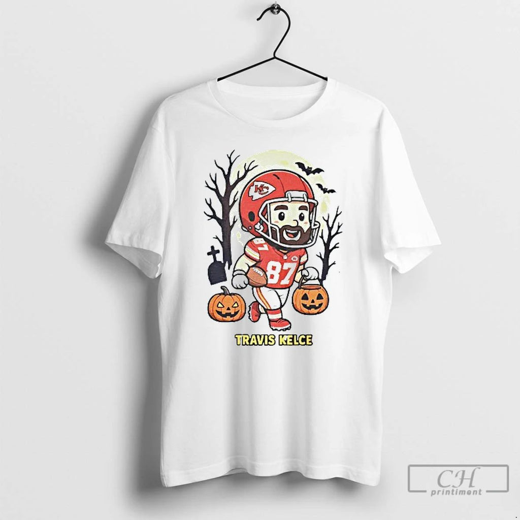 Classic Travis Kelce Kansas City Chiefs With Pumpkin Bucket Halloween Mens White Tee T Shirts