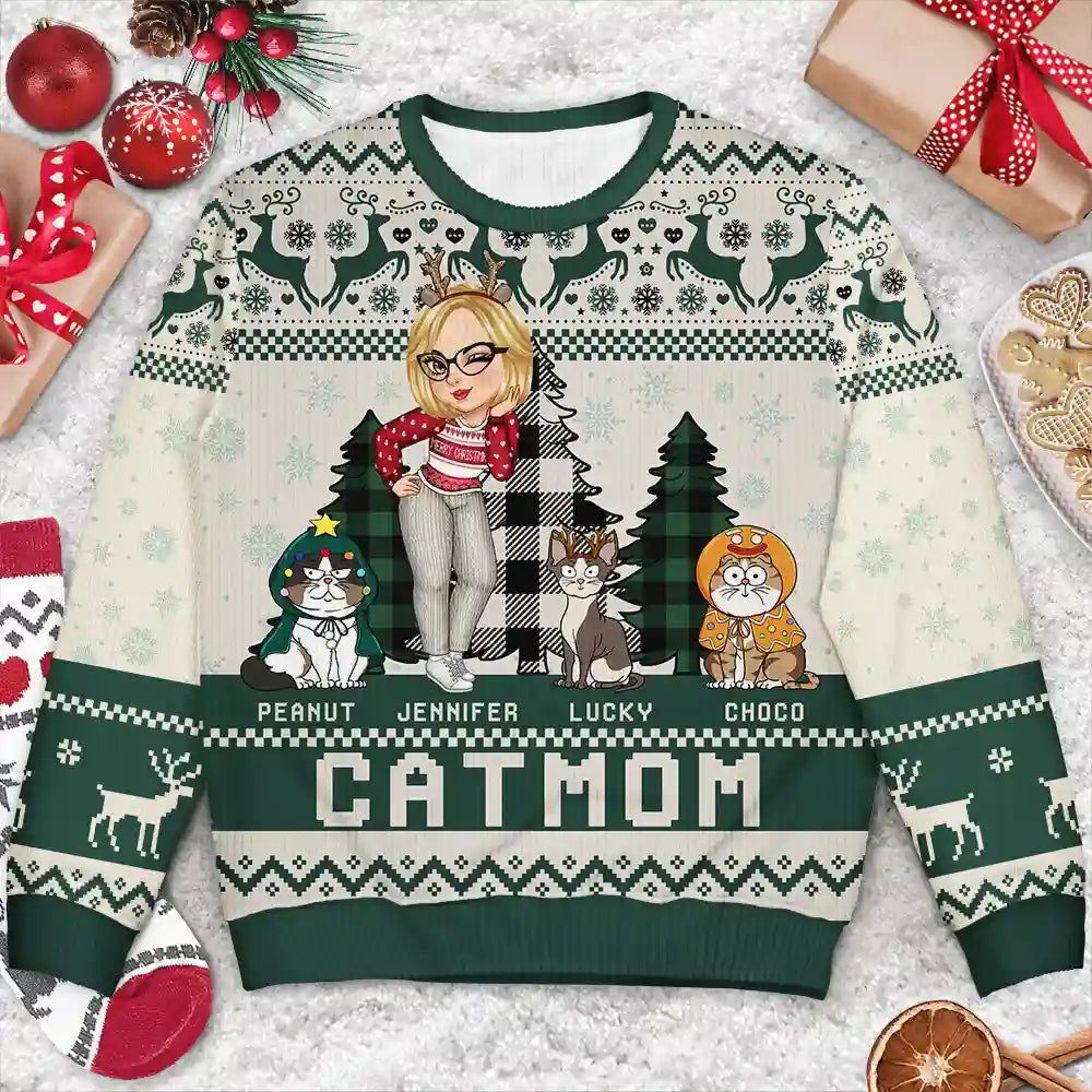 Christmas Cat Mom Funny Cartoon Cats - Personalized Unisex Ugly Sweater