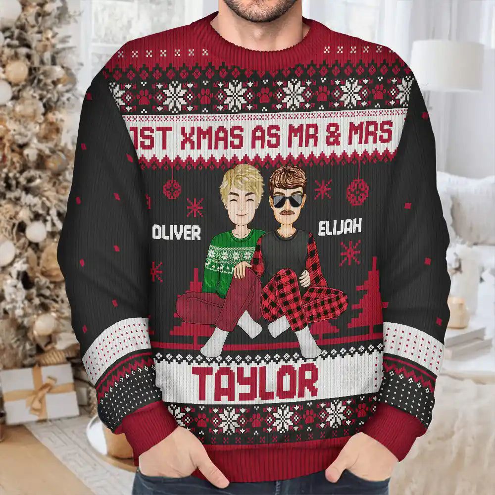 1st Xmas As Mr & Mrs Cartoon Couple - Personalized Unisex Ugly Sweater