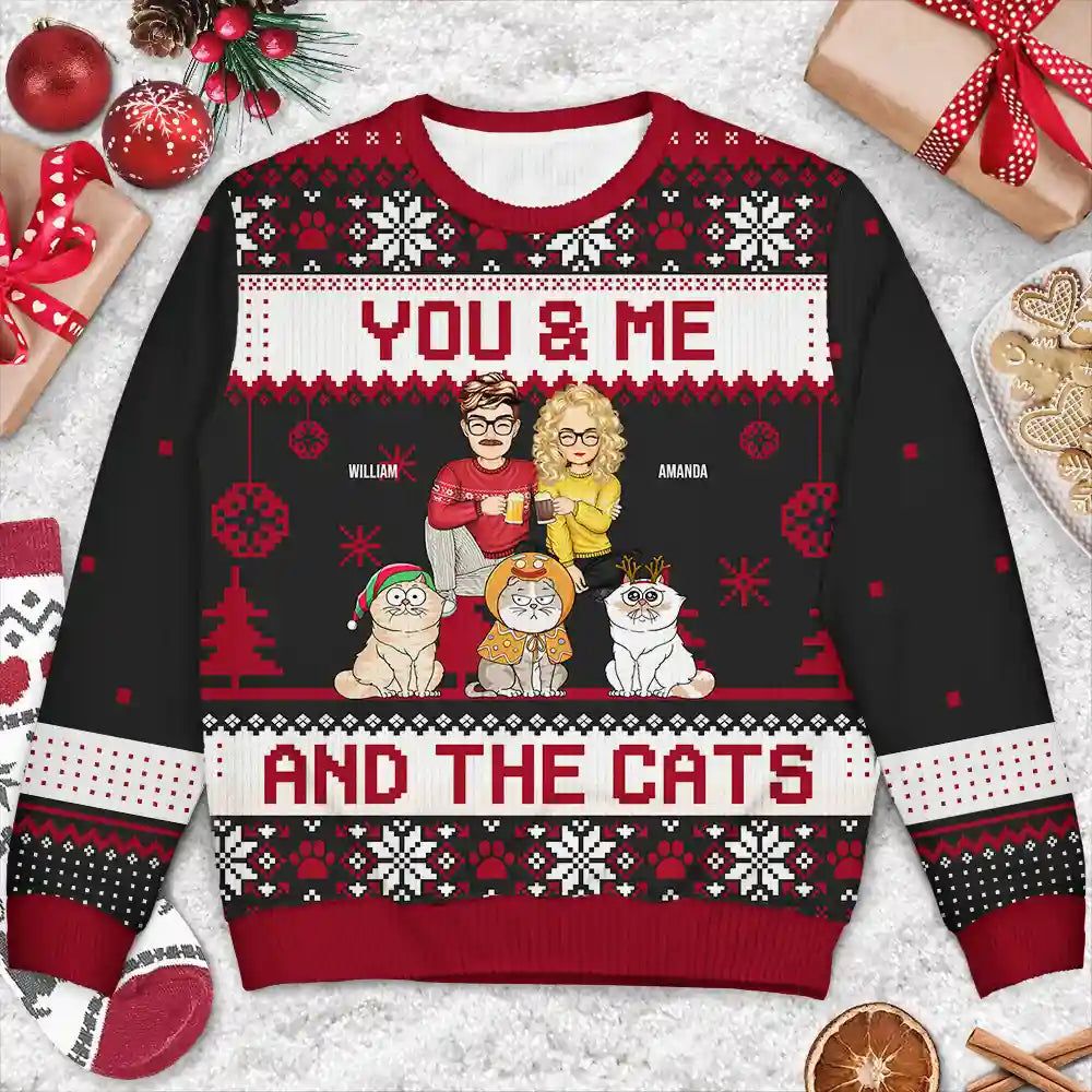 Couple You & Me And The Cats Cartoon Style - Anniversary, Christmas Gift For Cat Lovers, Couples - Personalized Unisex Ugly Sweater