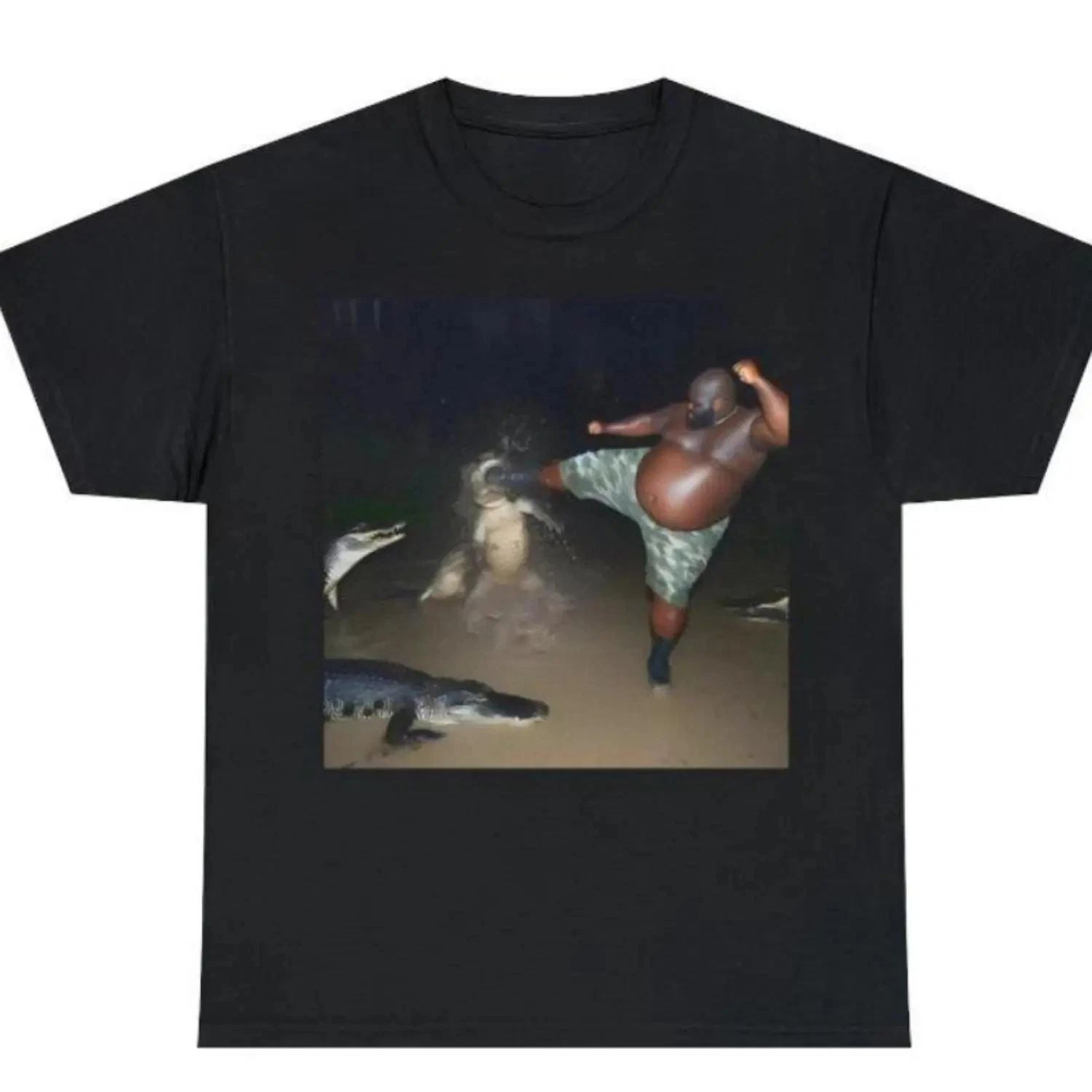 Man Kicks Alligator in Swamp TShirt Funny Meme Unisex Top Available in All Sizes