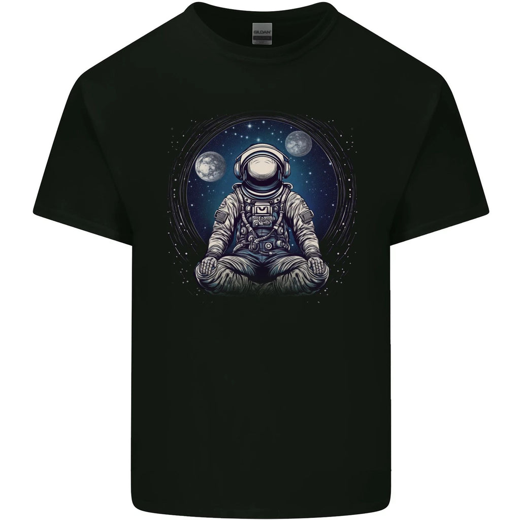 Meditating Astronaut Yoga Space Planets Mens Cotton T-Shirt Tee Top