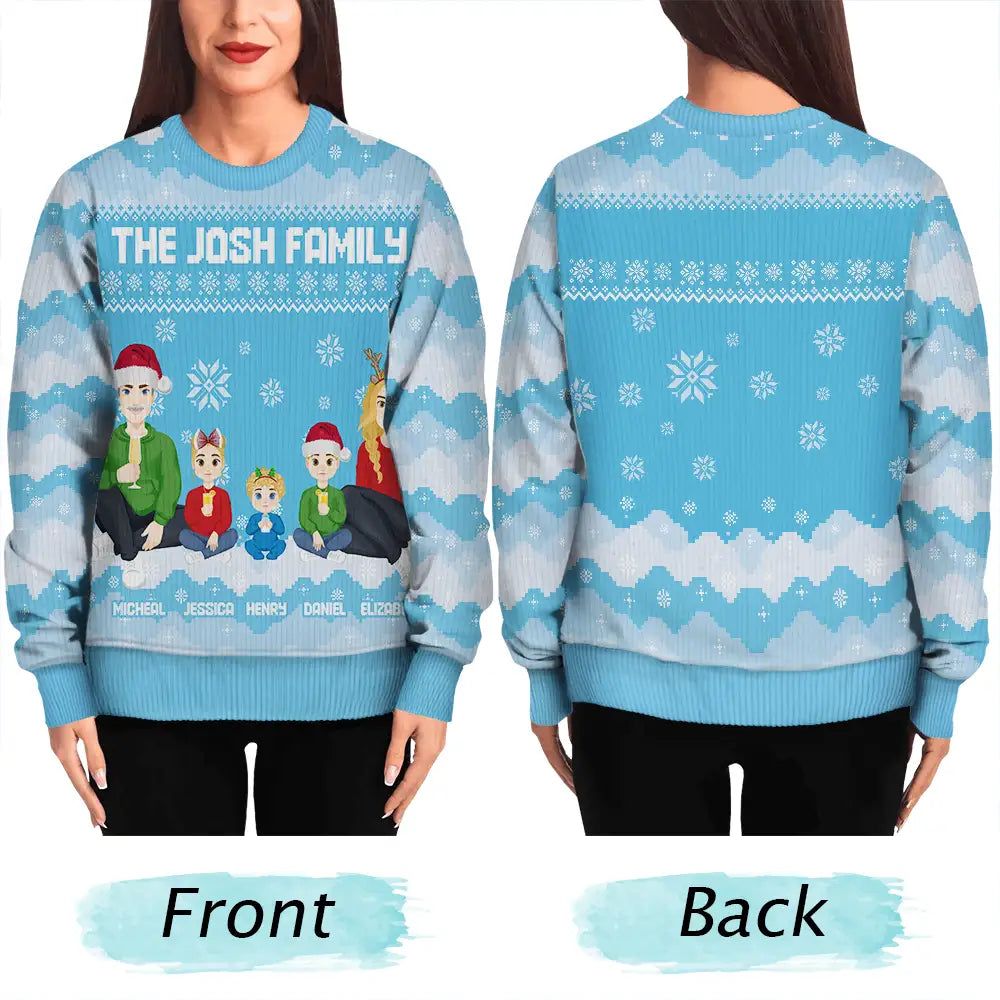 Christmas Pixel Snow Flat Art Family Friends Sitting - Personalized Unisex Ugly Sweater